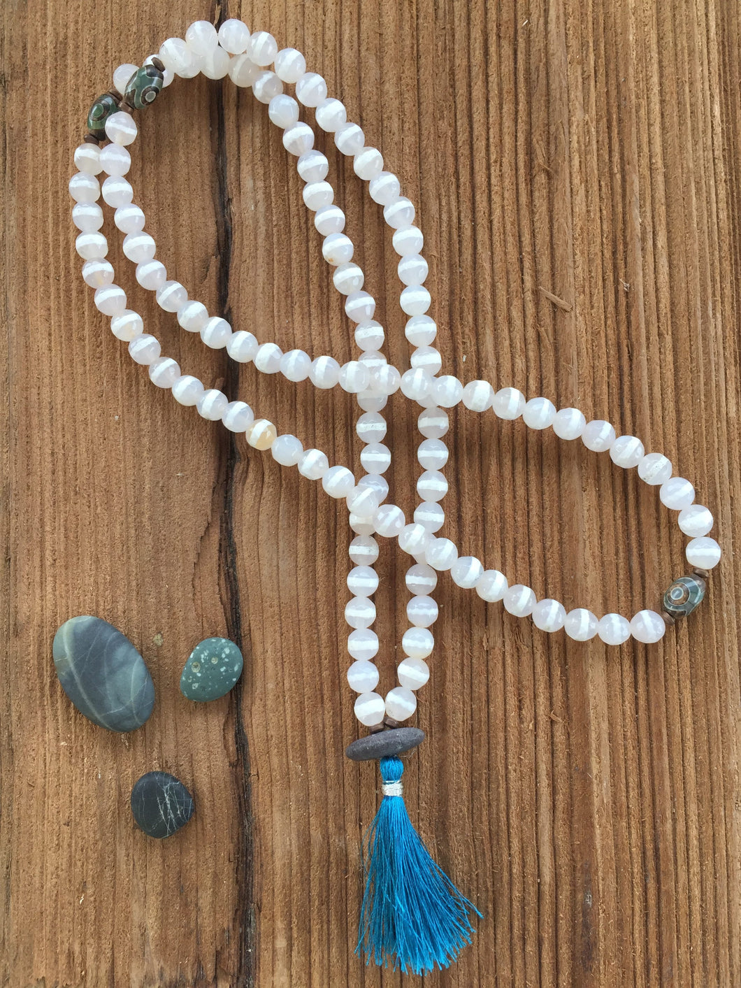 White Etched Agate Mala