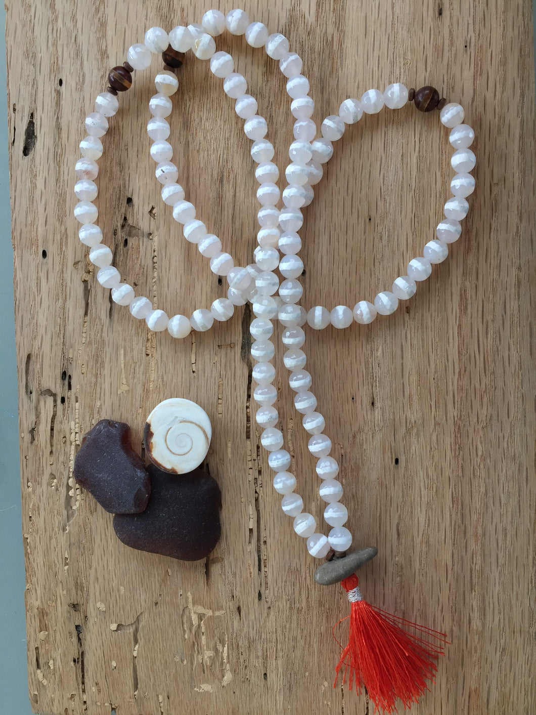 White Etched Agate Mala